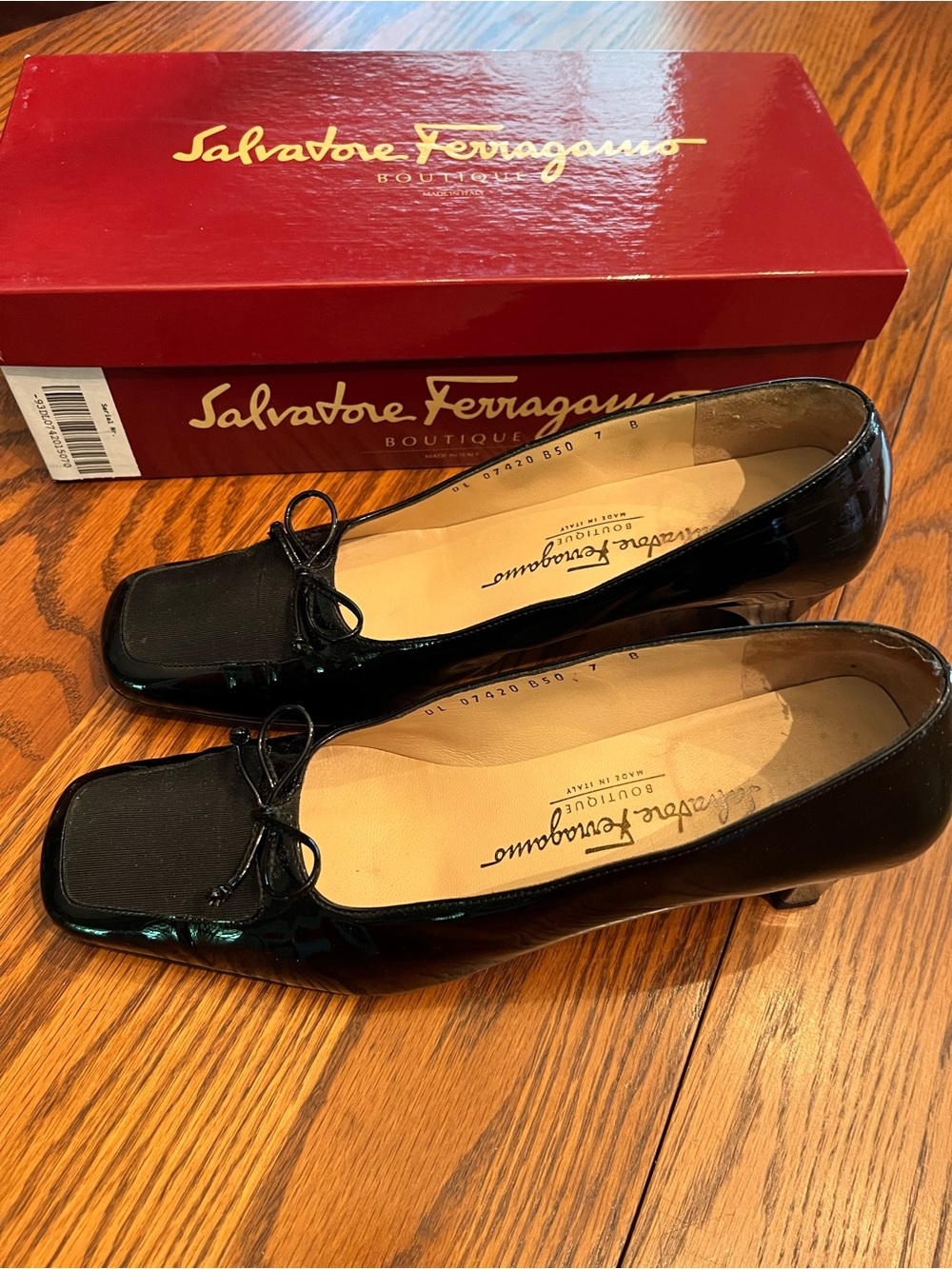 Salvatore Ferragamo Black Patent Leather Square-Toe Heels